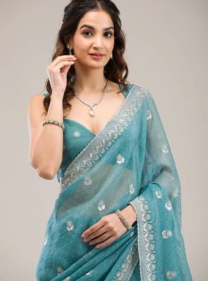 sea green embroidered diamond work crunchy chiffon saree with blouse 2