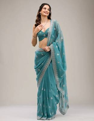 sea green embroidered diamond work crunchy chiffon saree with blouse 3