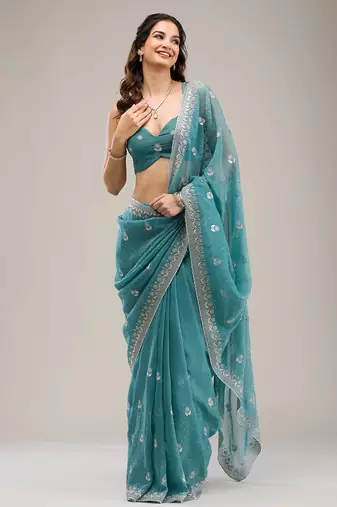 sea green embroidered diamond work crunchy chiffon saree with blouse