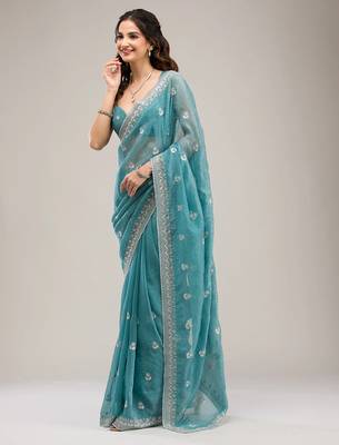 sea green embroidered diamond work crunchy chiffon saree with blouse 4