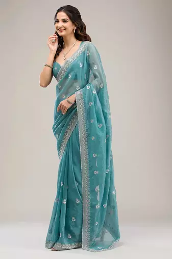 sea green embroidered diamond work crunchy chiffon saree with blouse