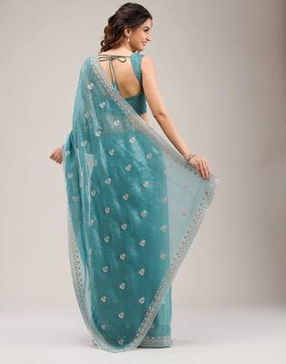 sea green embroidered diamond work crunchy chiffon saree with blouse 5