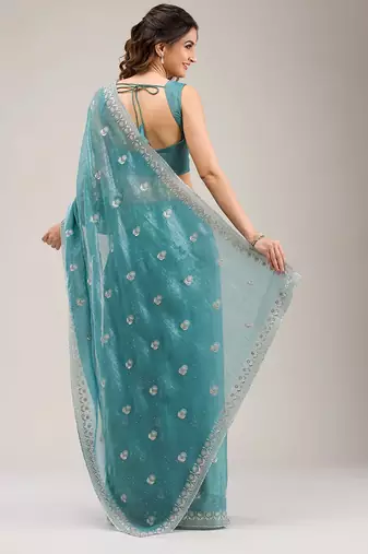 sea green embroidered diamond work crunchy chiffon saree with blouse