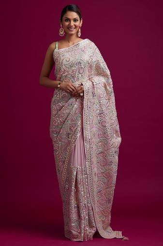 Pink embroidered, paper mirror work,  vichitra silk bollywood saree with blouse
