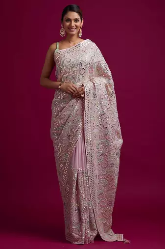 Pink embroidered, paper mirror work,  vichitra silk bollywood saree with blouse