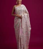 Pink embroidered, paper mirror work,  vichitra silk bollywood saree with blouse