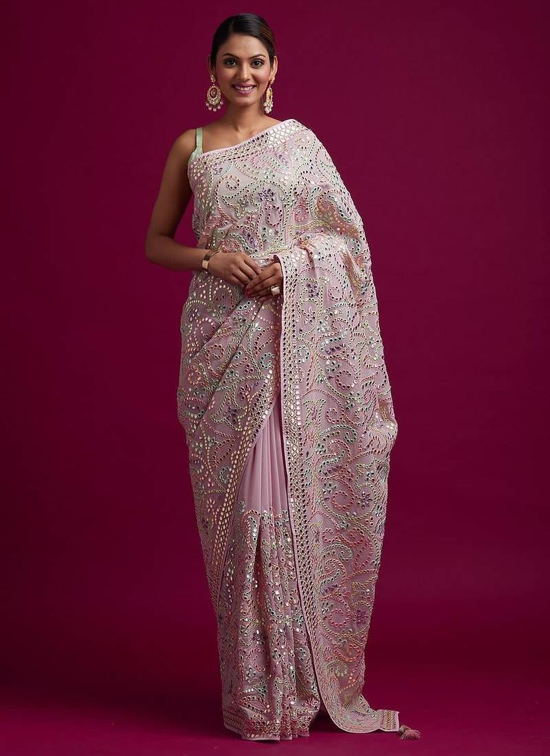 Pink embroidered, paper mirror work,  vichitra silk bollywood saree with blouse