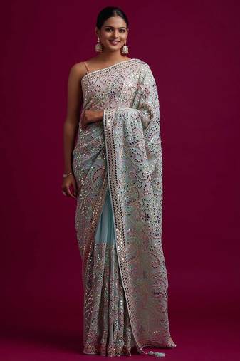 Sky blue embroidered, paper mirror work vichitra silk bollywood saree with blouse
