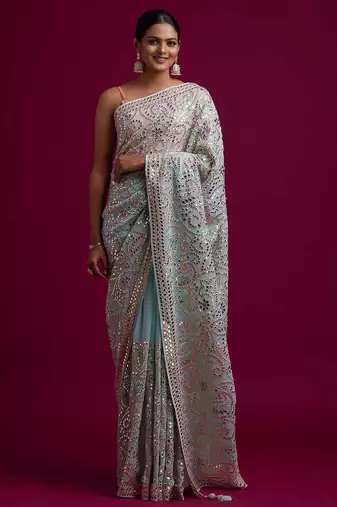 Sky blue embroidered, paper mirror work vichitra silk bollywood saree with blouse