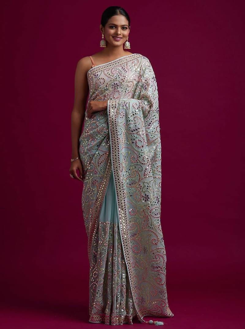 Sky blue embroidered, paper mirror work vichitra silk bollywood saree with blouse