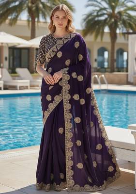 Purple embroidered, cut work satin silk bollywood saree with blouse 1