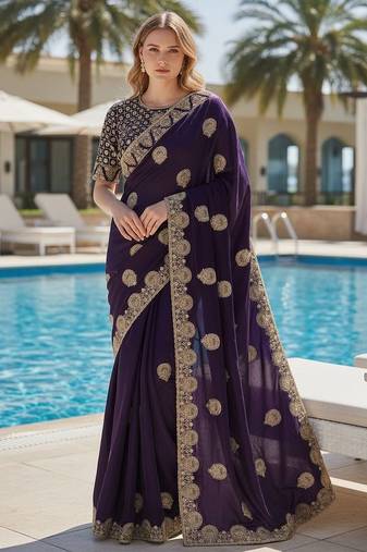 Purple embroidered, cut work satin silk bollywood saree with blouse