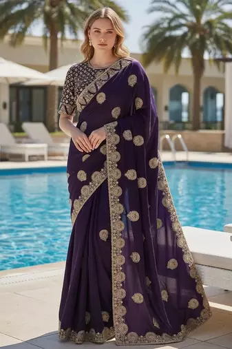 Purple embroidered, cut work satin silk bollywood saree with blouse