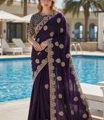 Purple embroidered, cut work satin silk bollywood saree with blouse