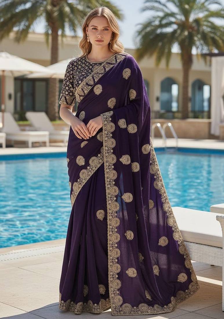 Purple embroidered, cut work satin silk bollywood saree with blouse