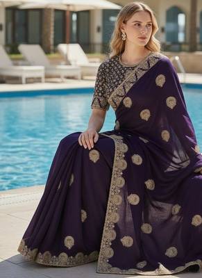 Purple embroidered, cut work satin silk bollywood saree with blouse 2