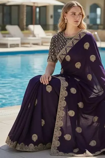 Purple embroidered, cut work satin silk bollywood saree with blouse