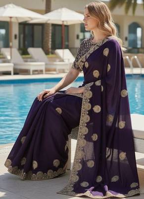 Purple embroidered, cut work satin silk bollywood saree with blouse 3