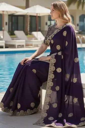 Purple embroidered, cut work satin silk bollywood saree with blouse
