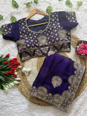 Purple embroidered, cut work satin silk bollywood saree with blouse 4