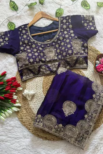 Purple embroidered, cut work satin silk bollywood saree with blouse
