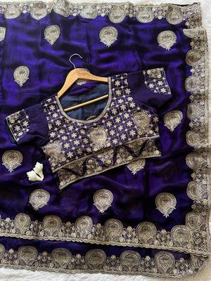 Purple embroidered, cut work satin silk bollywood saree with blouse 5