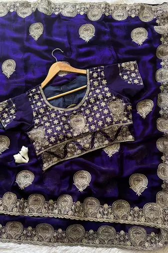Purple embroidered, cut work satin silk bollywood saree with blouse