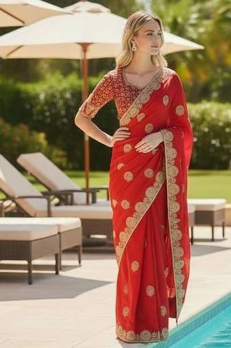 Red embroidered, cut work satin silk bollywood saree with blouse
