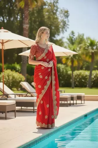 Red embroidered, cut work satin silk bollywood saree with blouse