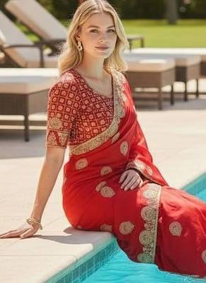 Red embroidered, cut work satin silk bollywood saree with blouse 3