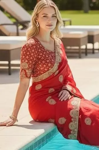 Red embroidered, cut work satin silk bollywood saree with blouse