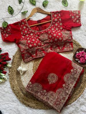 Red embroidered, cut work satin silk bollywood saree with blouse 4