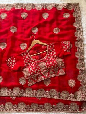 Red embroidered, cut work satin silk bollywood saree with blouse 5