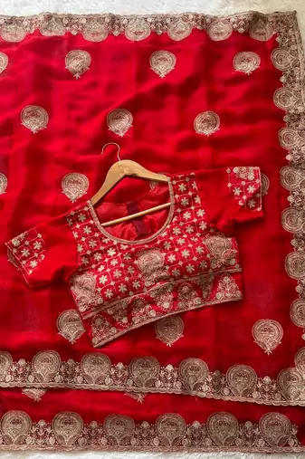 Red embroidered, cut work satin silk bollywood saree with blouse
