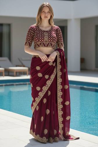 Wine embroidered, cut work satin silk bollywood saree with blouse