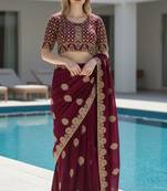 Wine embroidered, cut work satin silk bollywood saree with blouse