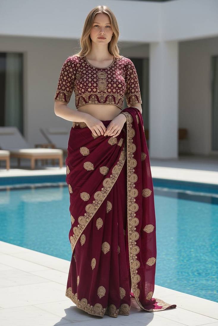 Wine embroidered, cut work satin silk bollywood saree with blouse
