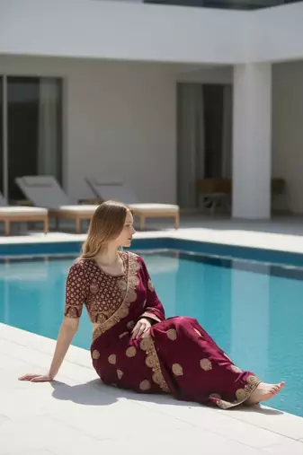 Wine embroidered, cut work satin silk bollywood saree with blouse