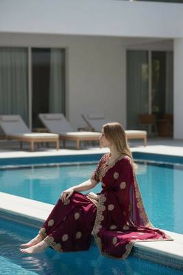 Wine embroidered, cut work satin silk bollywood saree with blouse 3