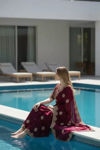 Wine embroidered, cut work satin silk bollywood saree with blouse