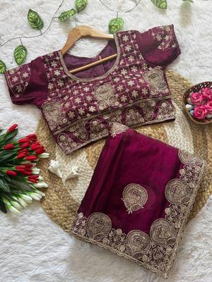 Wine embroidered, cut work satin silk bollywood saree with blouse 4