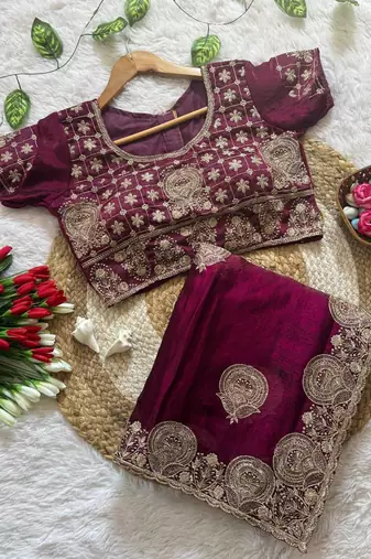 Wine embroidered, cut work satin silk bollywood saree with blouse