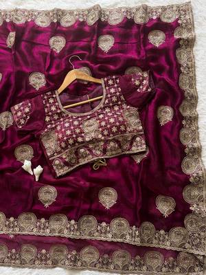 Wine embroidered, cut work satin silk bollywood saree with blouse 5