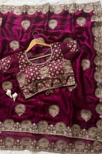 Wine embroidered, cut work satin silk bollywood saree with blouse