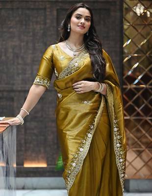 Mustard sequin embroidered, cut work satin silk bollywood saree with blouse 1