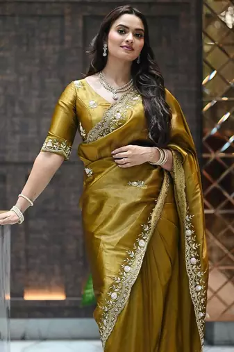 Mustard sequin embroidered, cut work satin silk bollywood saree with blouse