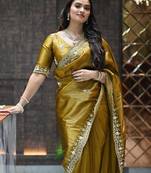 Mustard sequin embroidered, cut work satin silk bollywood saree with blouse