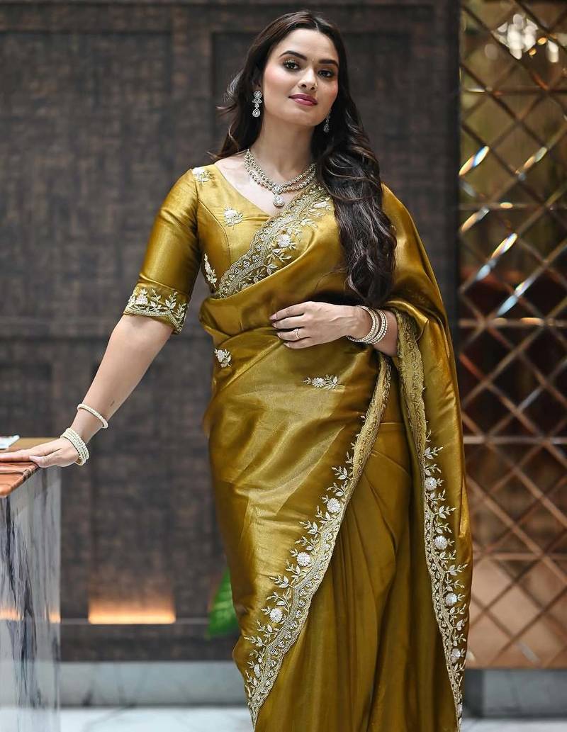 Mustard sequin embroidered, cut work satin silk bollywood saree with blouse