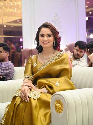 Mustard sequin embroidered, cut work satin silk bollywood saree with blouse 2