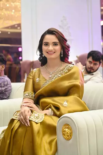 Mustard sequin embroidered, cut work satin silk bollywood saree with blouse